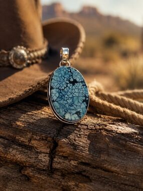 Sterling Silver Blue Turquoise Oval Pendant Necklace